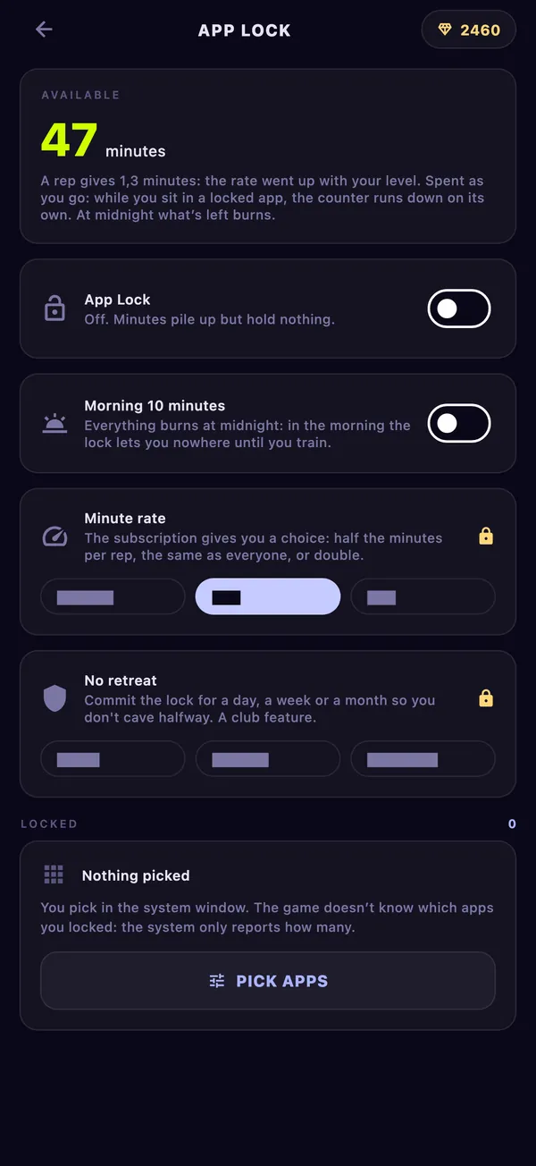 App lock screen: 47 minutes available, the lock switch, morning minutes, the minute rate and the Pick apps button