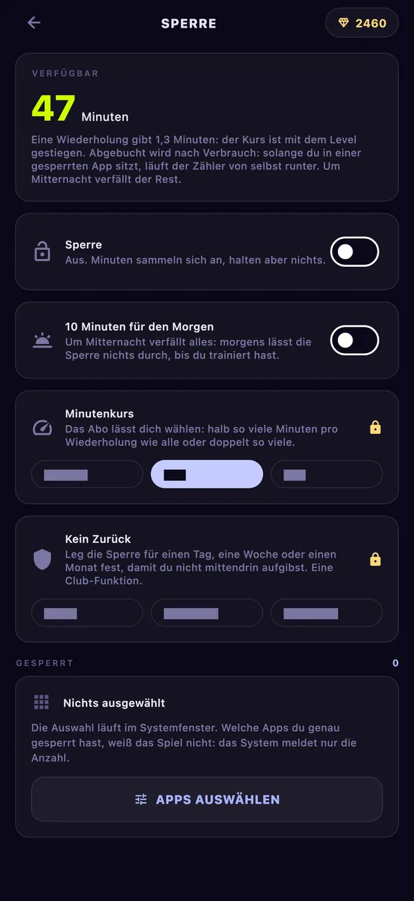 App-Sperre-Bildschirm: 47 Minuten verfügbar, der Sperrschalter, Morgenminuten, der Minutenkurs und der Knopf „Apps auswählen“