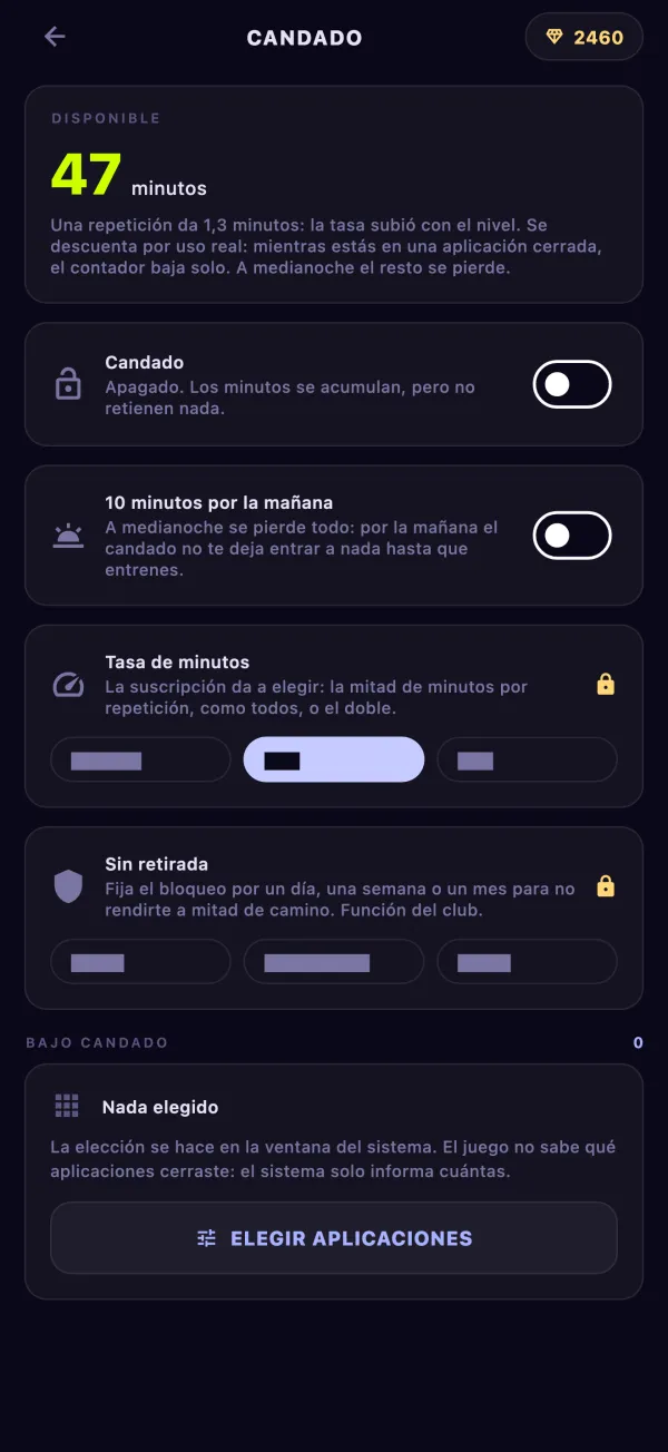 Pantalla del candado de apps: 47 minutos disponibles, el interruptor del candado, los 10 minutos por la mañana, la tasa de minutos y el botón Elegir aplicaciones