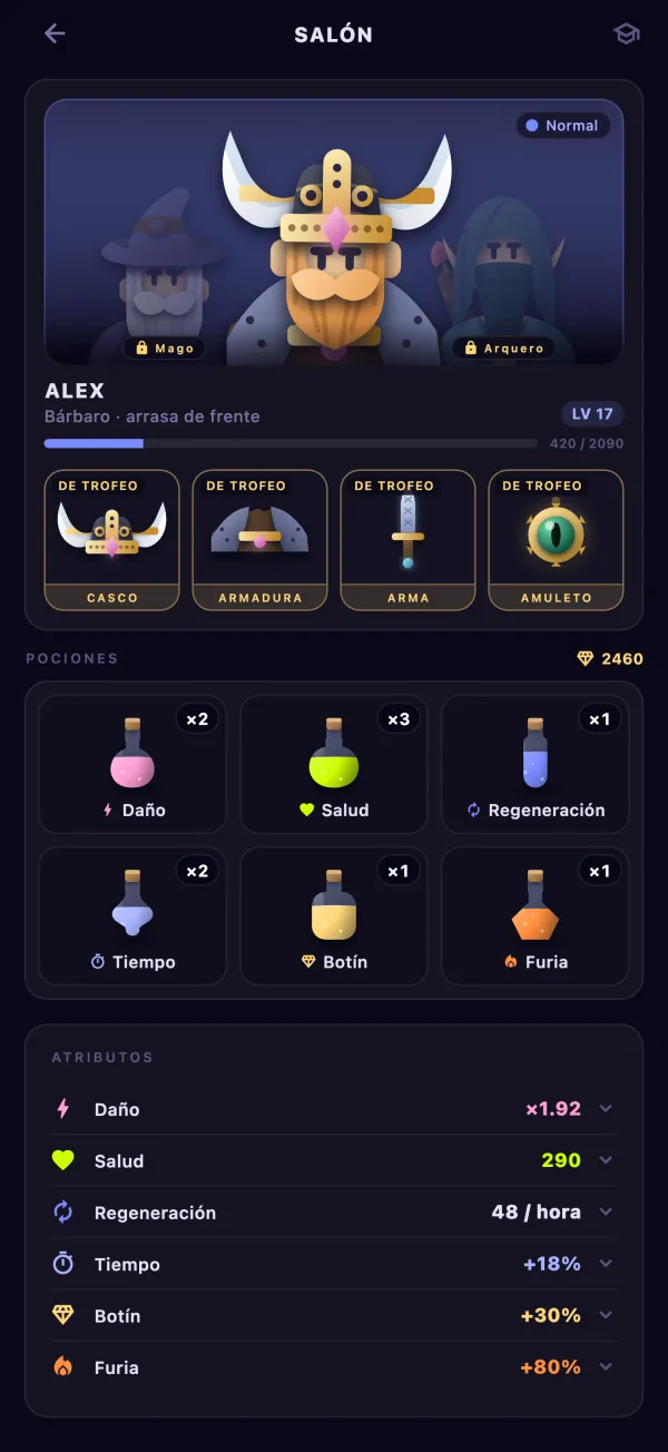 La pantalla de héroes de Pushgard en la app