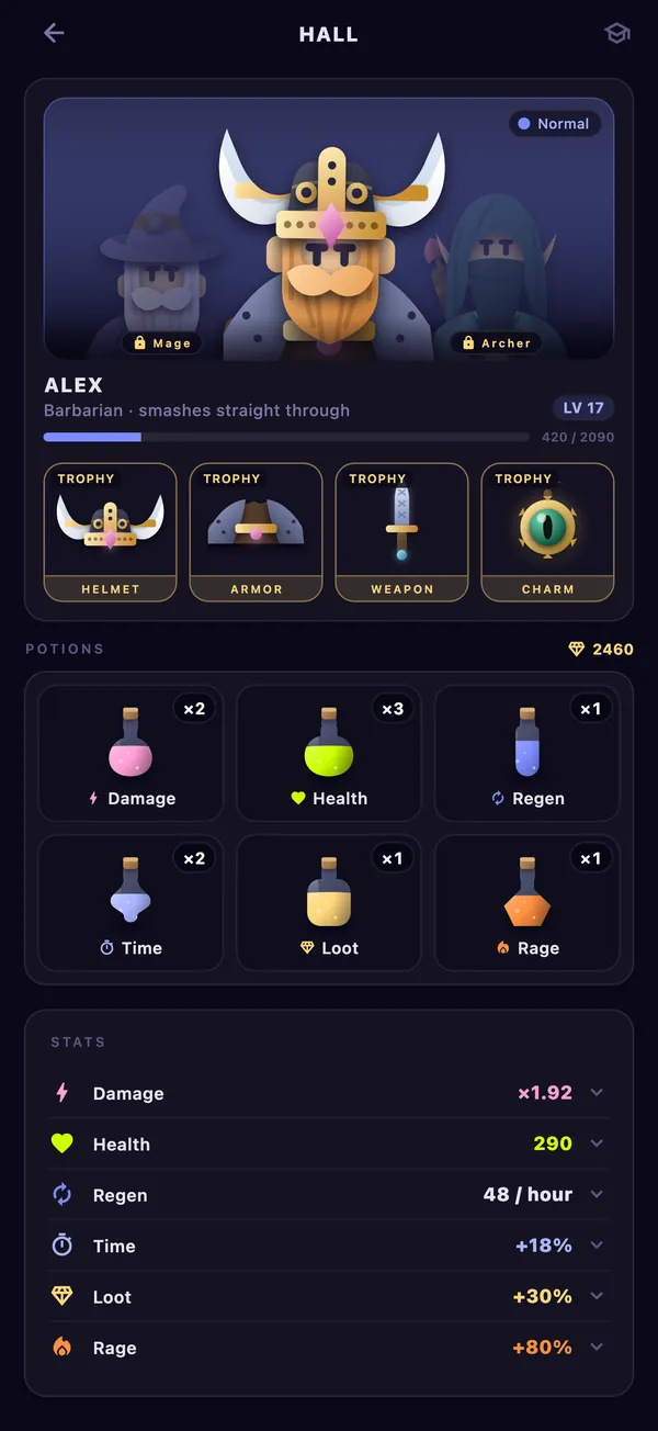 The Pushgard heroes screen in the app