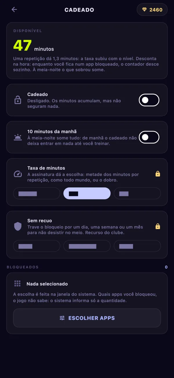 Tela do cadeado de apps: 47 minutos disponíveis, o botão do cadeado, os 10 minutos da manhã, a taxa de minutos e o botão Escolher apps