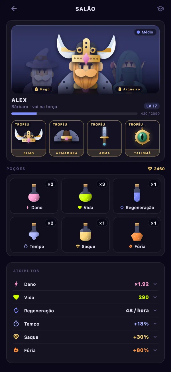 A tela de heróis do Pushgard no app