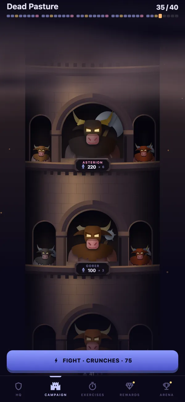 The Pushgard tower screen: the hero’s place on the tower, the steps left and the boss in the arch.